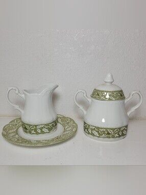 Vintage J & G Meakin English Ironstone Green/White Sugar Bowl & Creamer England
